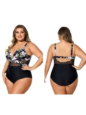 Meet.Curve V-Neck Floral Print Wrap One Piece Swimsuit Mesh Cut Out Women’s 3XL